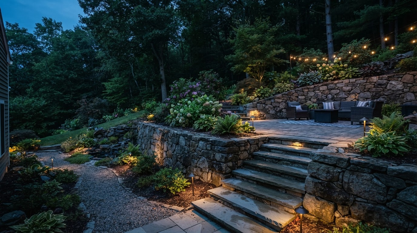 Terraced landscaping and hardscaping on a sloped yard near Scranton, PA
