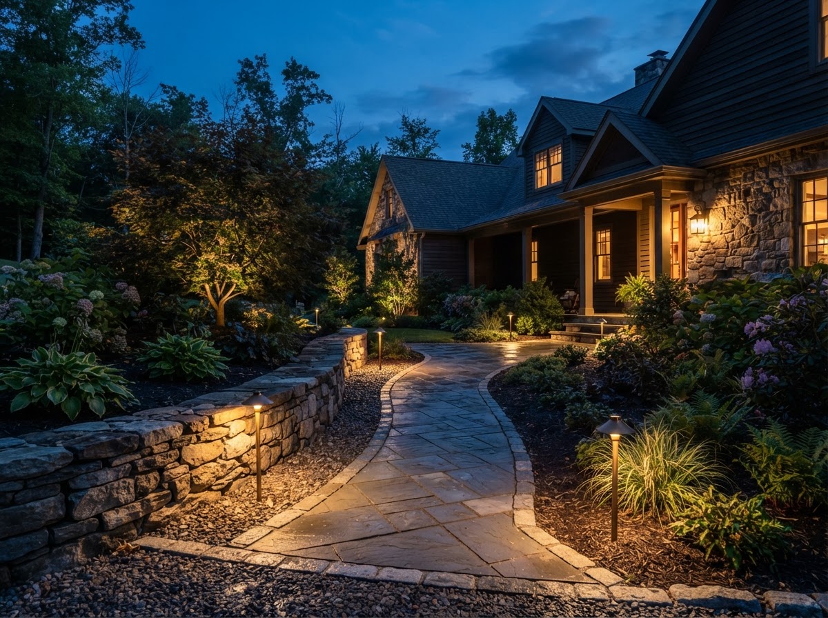 Landscape lighting along a paver walkway and planting at a Moosic, PA residence