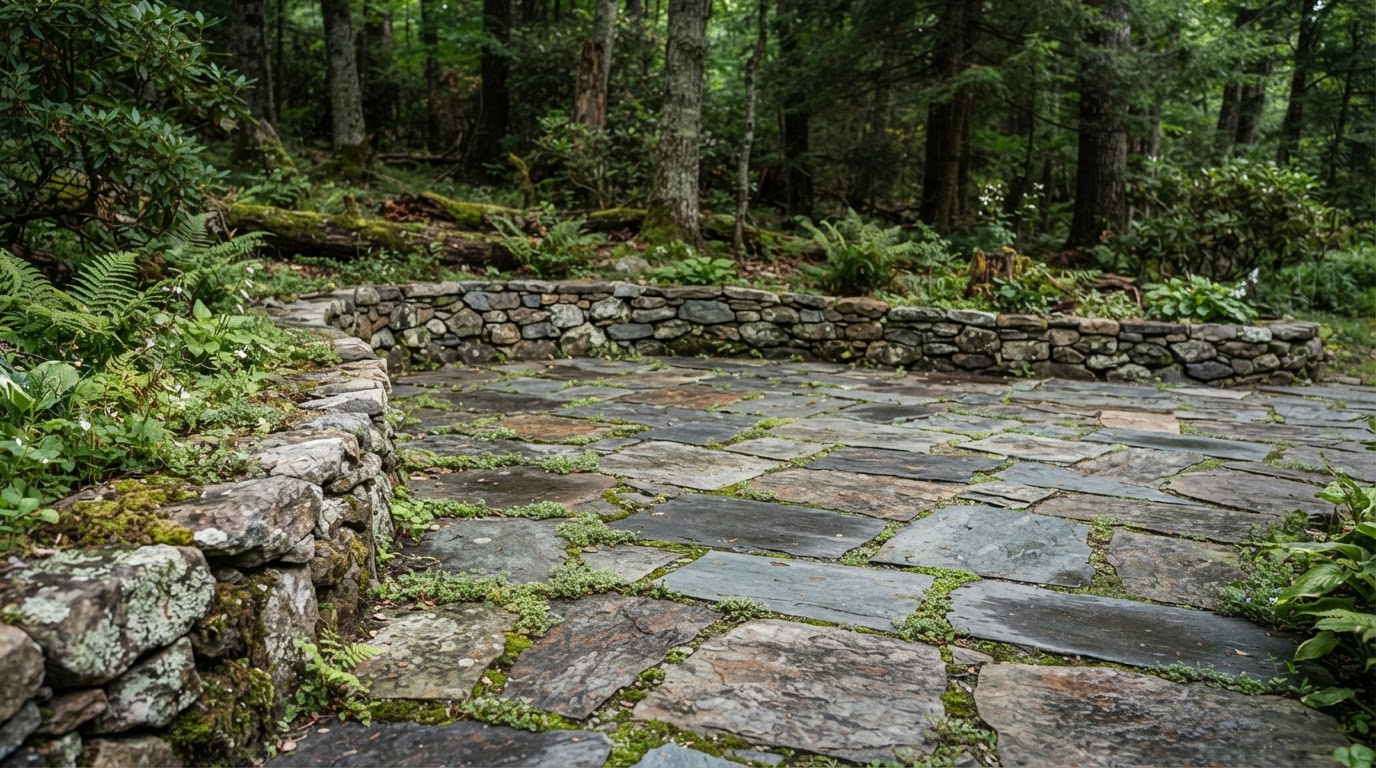 Natural bluestone patio with fieldstone edge in a wooded Greenfield Township, PA setting