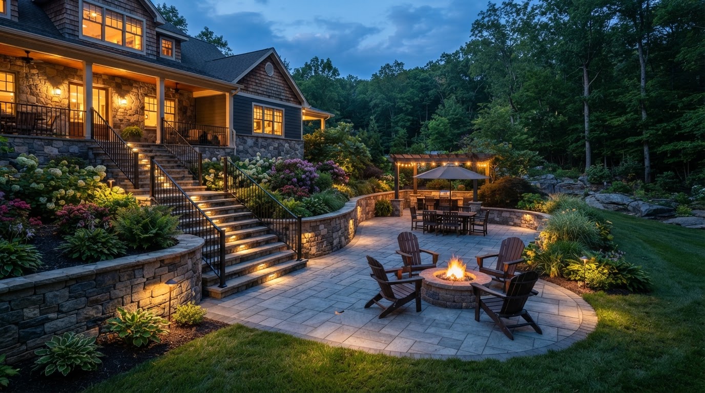 Outdoor entertaining space with patio, kitchen and lighting in Moosic, PA