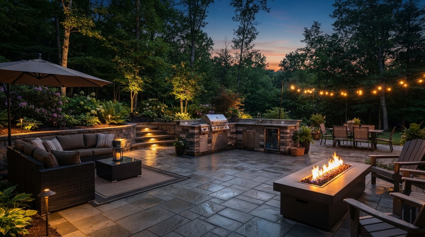 Custom outdoor living space with patio and fire feature in Scranton, PA