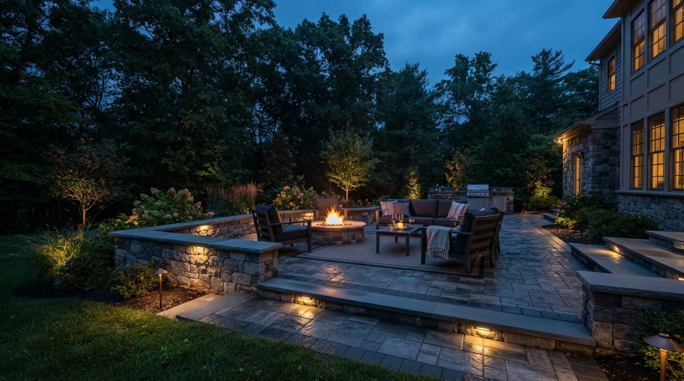 Finished paver patio at dusk with retaining wall and landscape lighting near Scranton, PA