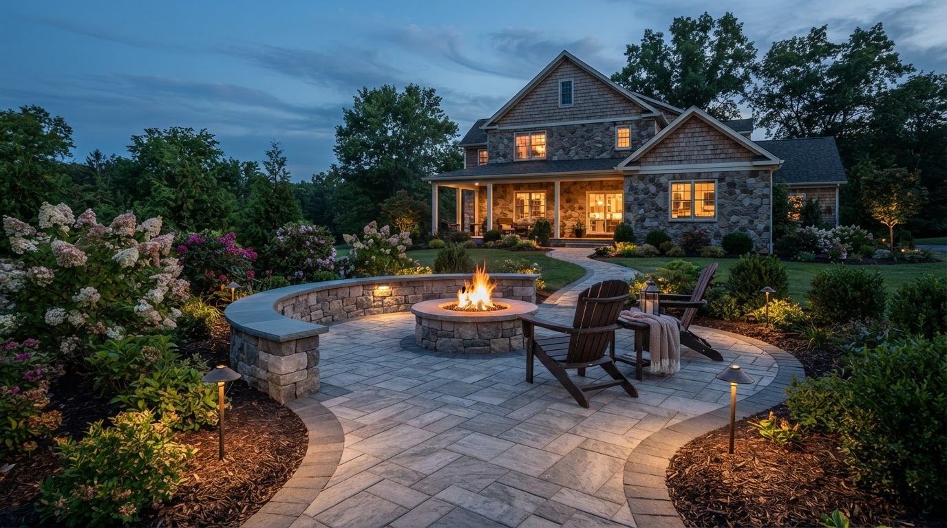 Backyard paver patio with seating wall, fire pit and landscape lighting in Taylor, PA
