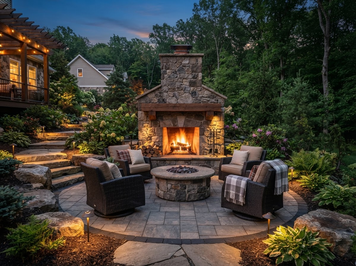 Outdoor stone fireplace and seating on a paver patio in Mayfield, PA