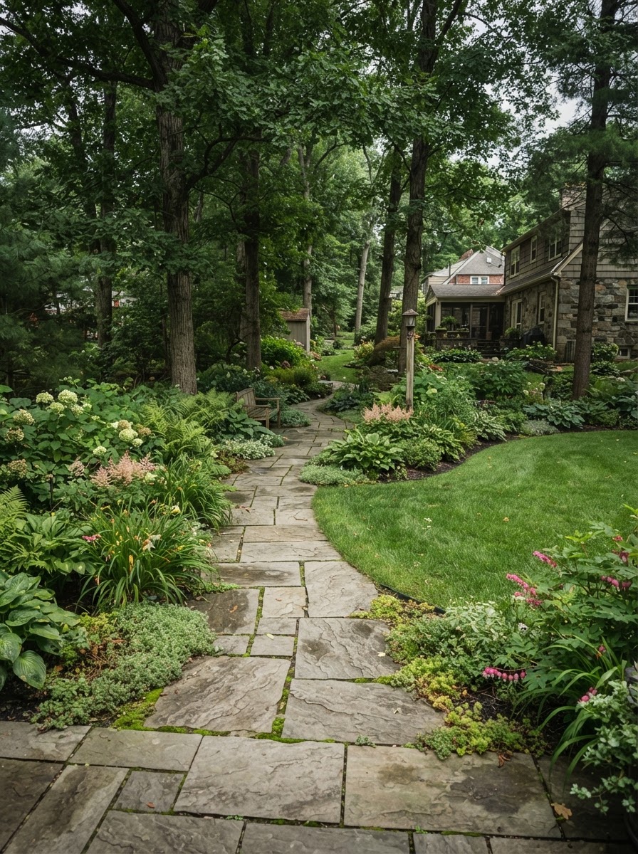 Garden paver pathway winding through a Northeastern Pennsylvania backyard