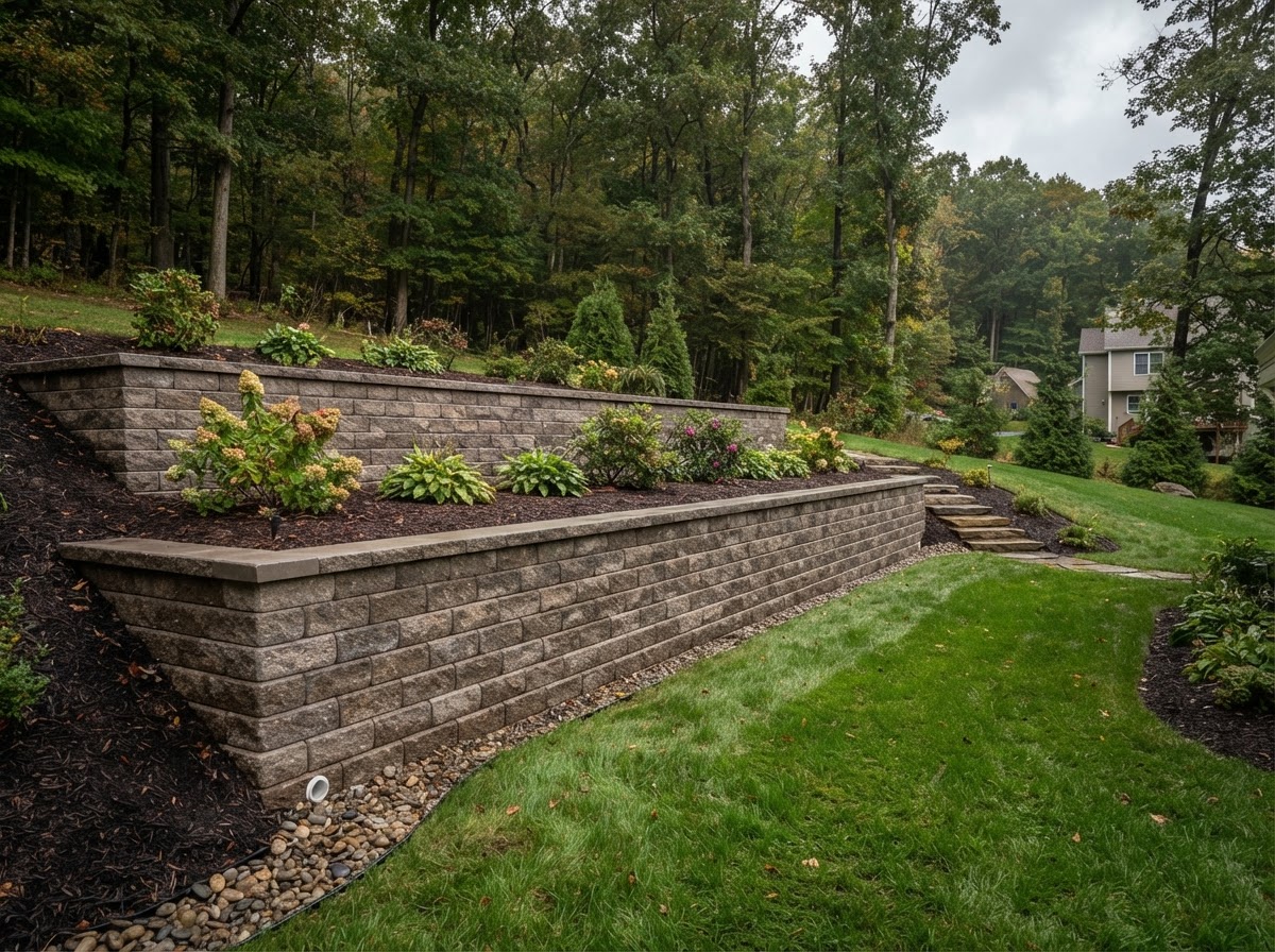 Segmental retaining wall on a sloped Northeastern Pennsylvania backyard managing grade and defining landscape space