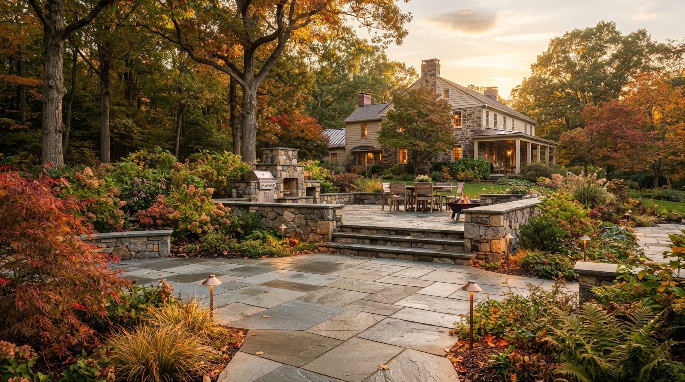 Natural stone patio framed by planting at a Dalton, PA residential property