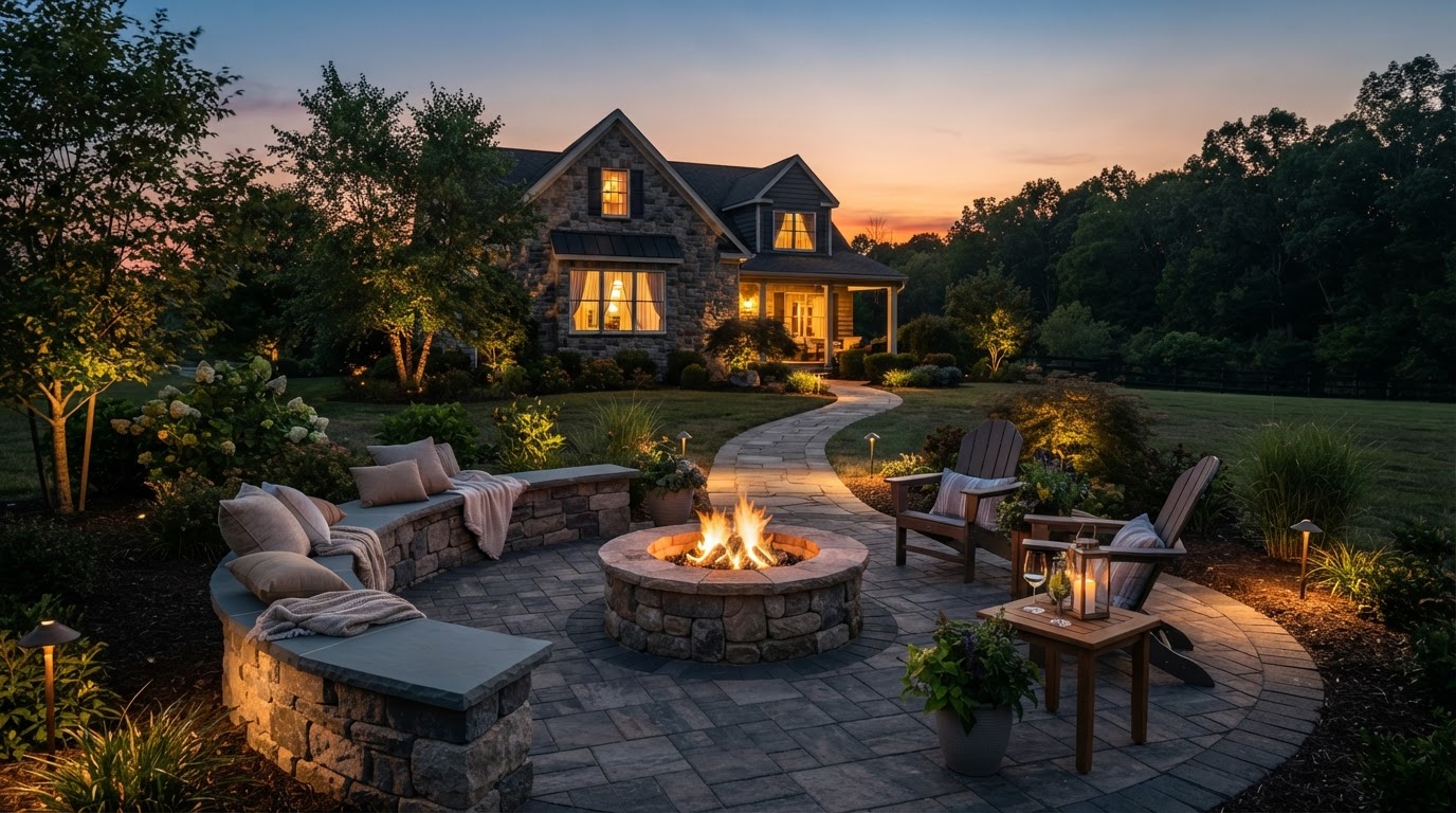 Renovated backyard with paver patio, walkway and low retaining wall in Jermyn, PA