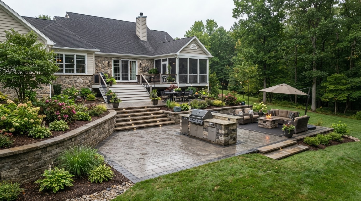 Complete residential hardscape with paver patio, retaining wall, steps and outdoor living in Wilkes-Barre, PA
