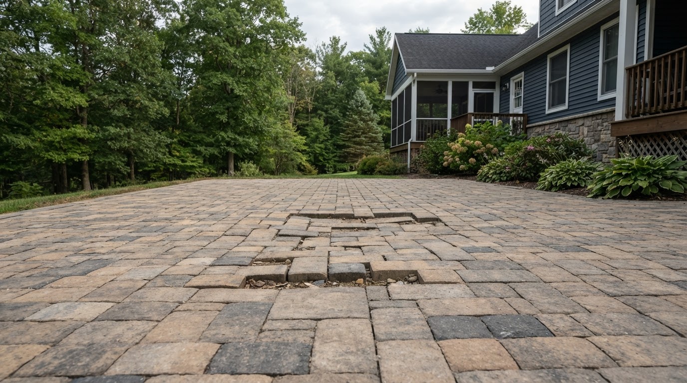 Uneven patio pavers being evaluated for repair near Scranton, PA