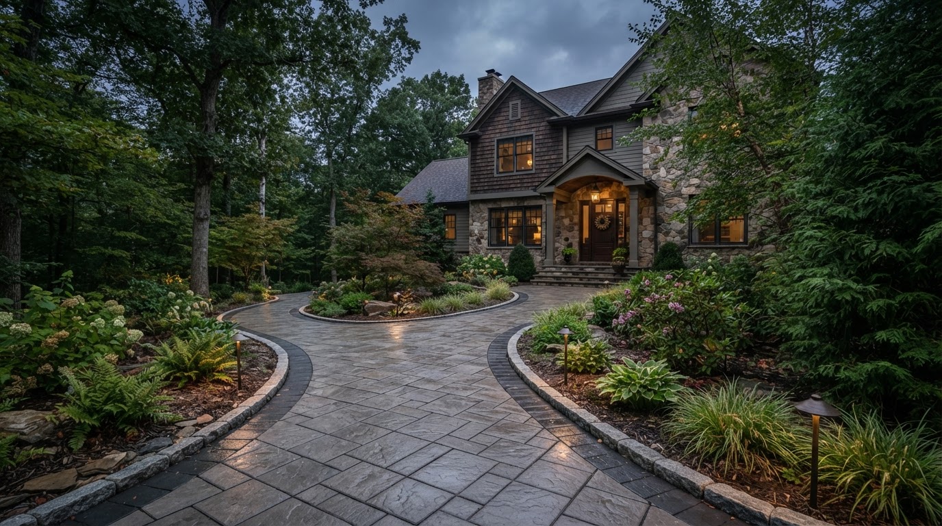 Custom paver walkway through a landscaped property near Scranton, PA