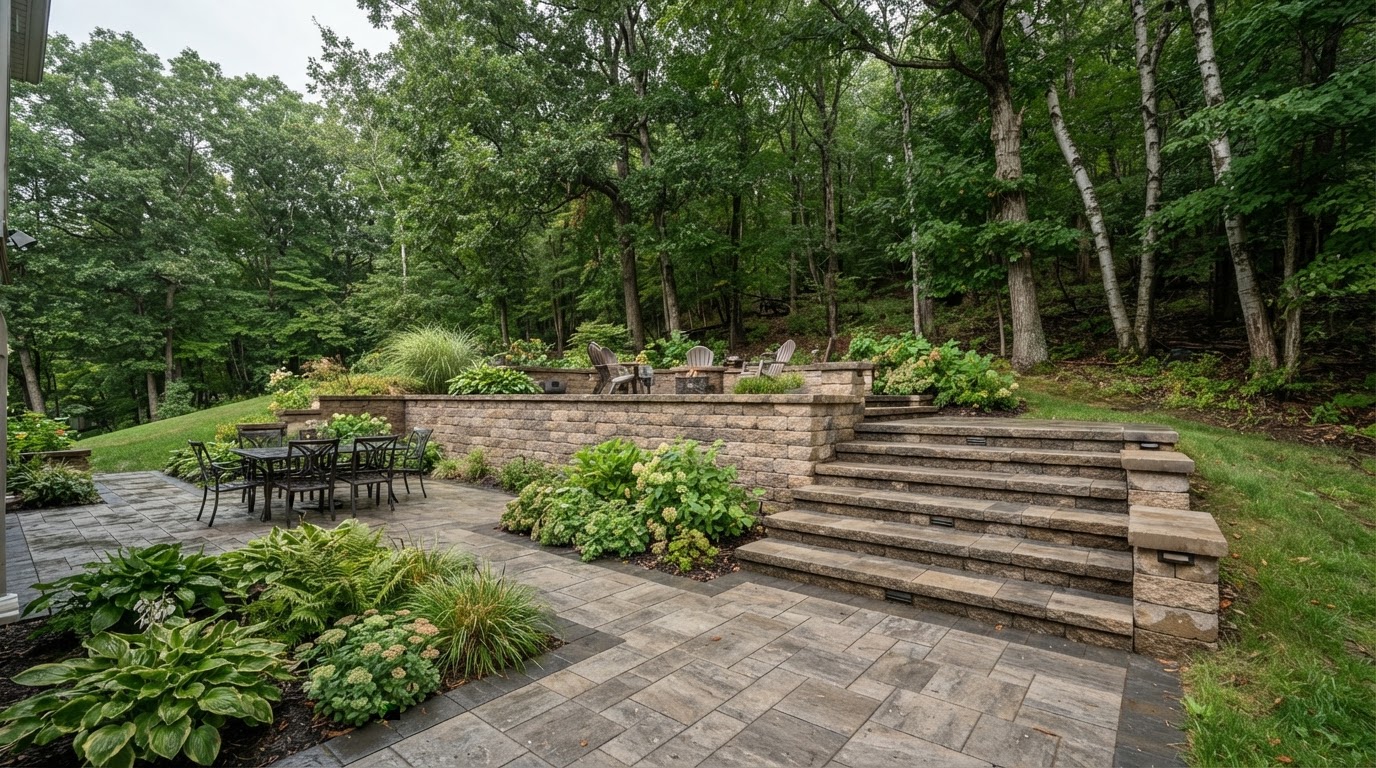 Terraced paver patio with retaining wall and steps on a sloped Throop, PA property