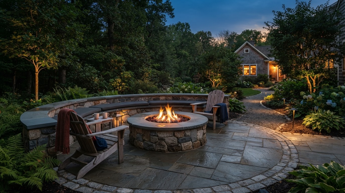Built-in fire pit and paver patio seating area near Scranton, PA