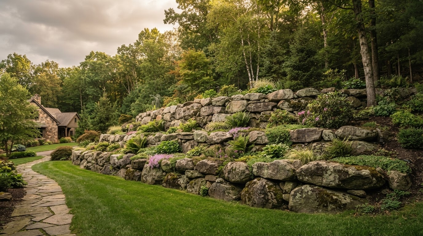 Natural boulder retaining wall on a sloped property near Scranton, PA