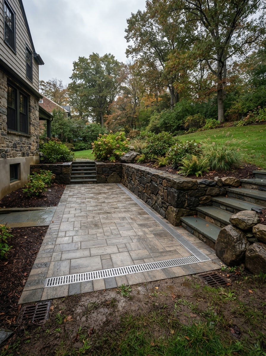 Hardscape drainage integration on a Northeastern Pennsylvania property with a linear channel and proper patio slope