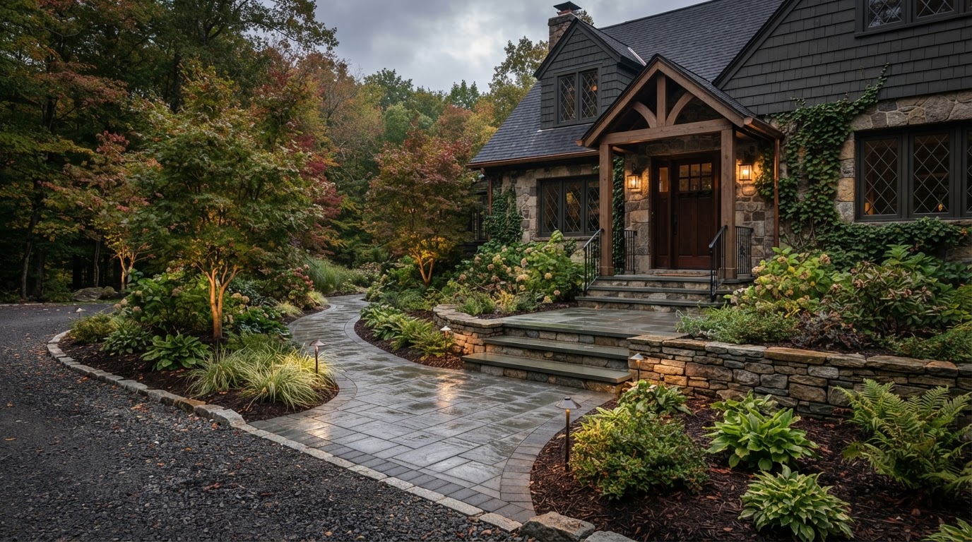 Front entry hardscape with walkway, steps and landscaping in Scranton, PA