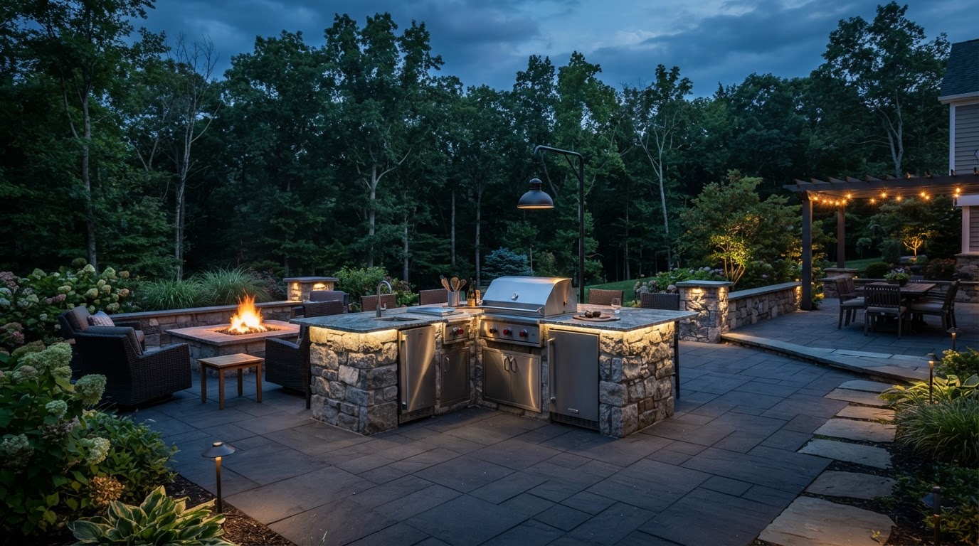 Outdoor kitchen and paver patio at dusk near Scranton, PA