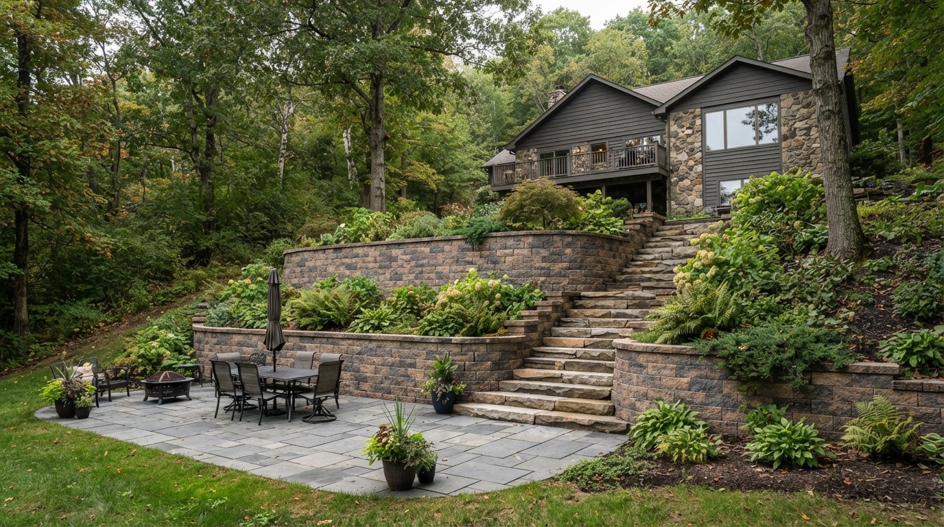 Landscape steps and retaining wall integrating with a sloped property near Dalton, PA