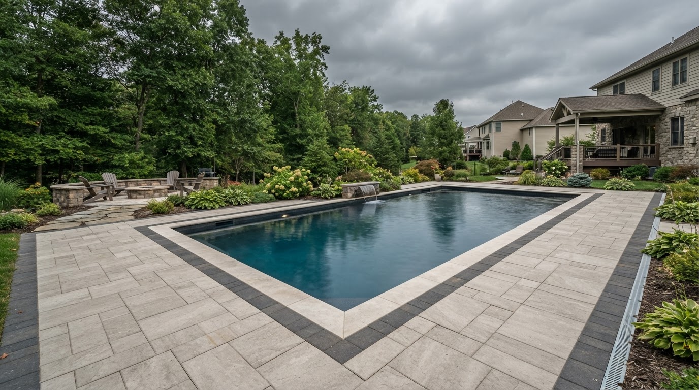 Paver pool deck and hardscape surround near Scranton Pennsylvania with coordinated coping and circulation space