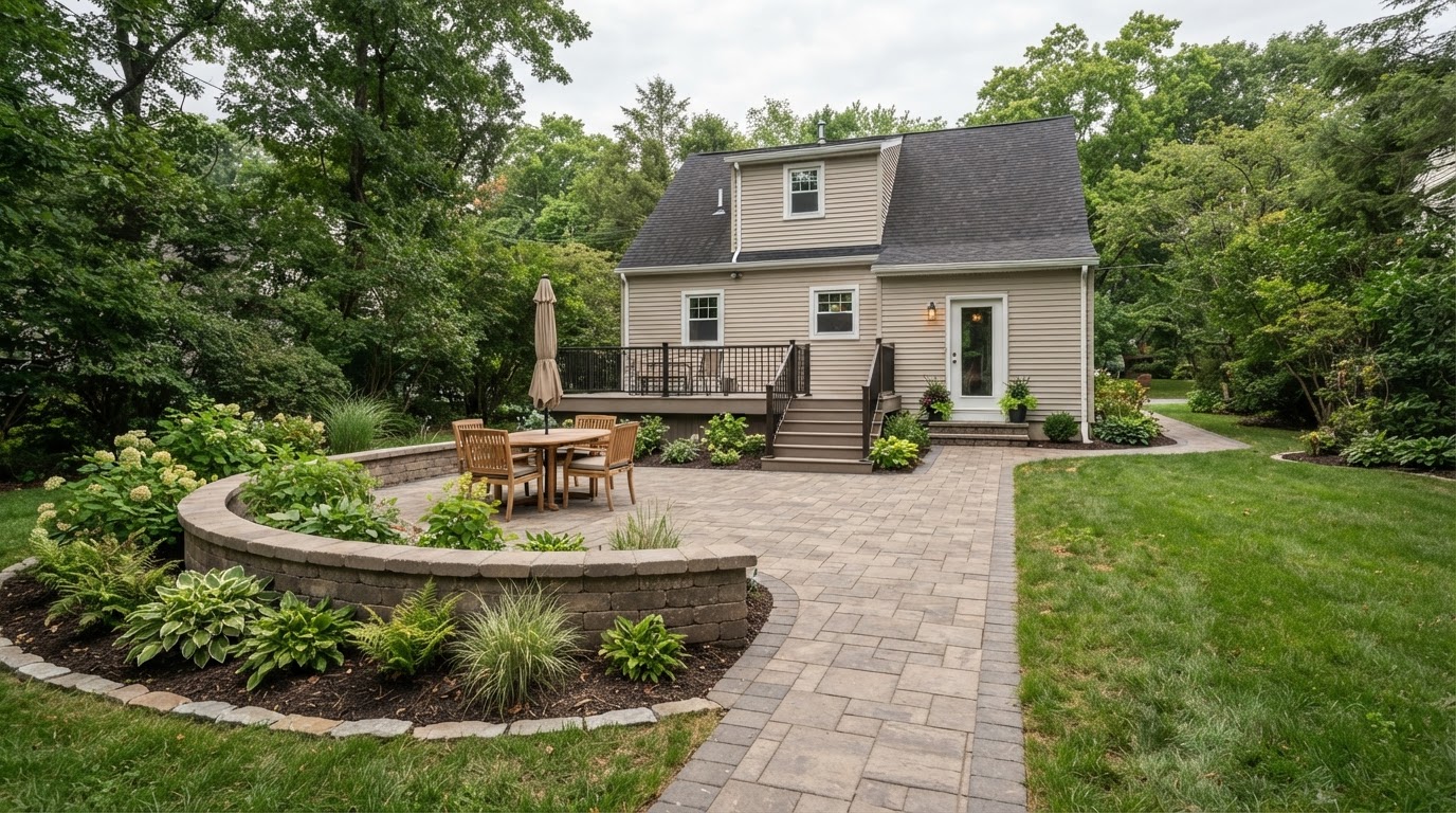 Backyard paver patio with stone fire pit and seating wall at dusk in Mayfield, PA