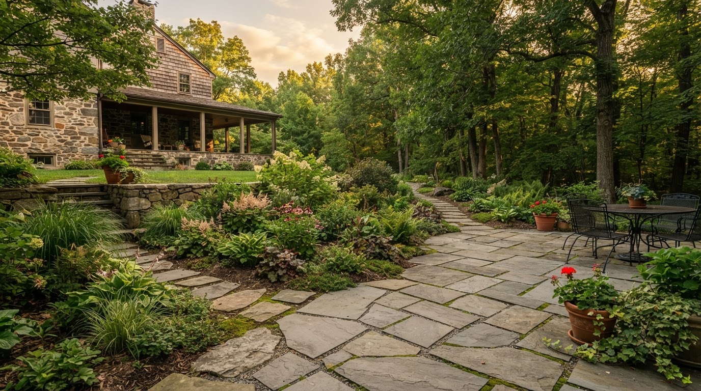 Natural stone patio transitioning into planted landscape beds at a residential property in Dalton, PA