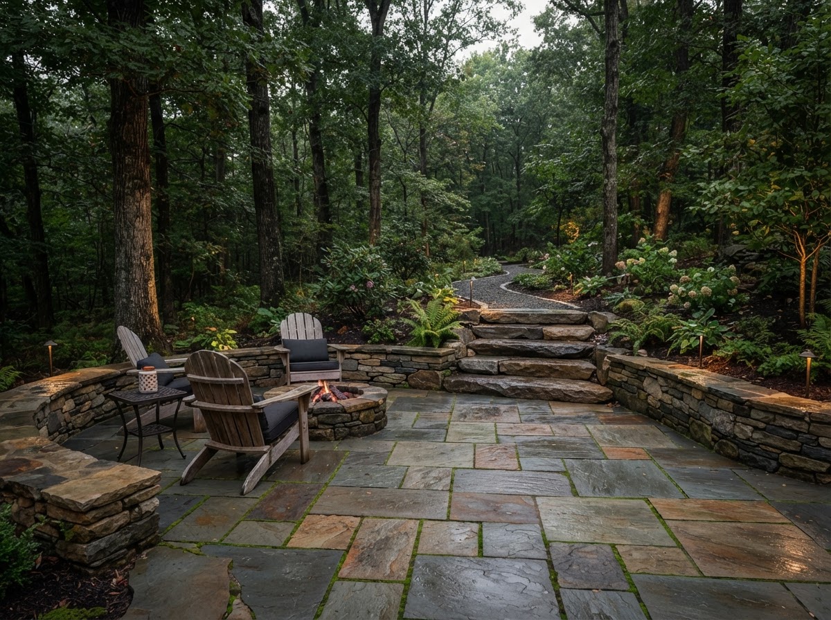 Natural flagstone and bluestone patio in a wooded Scranton area backyard