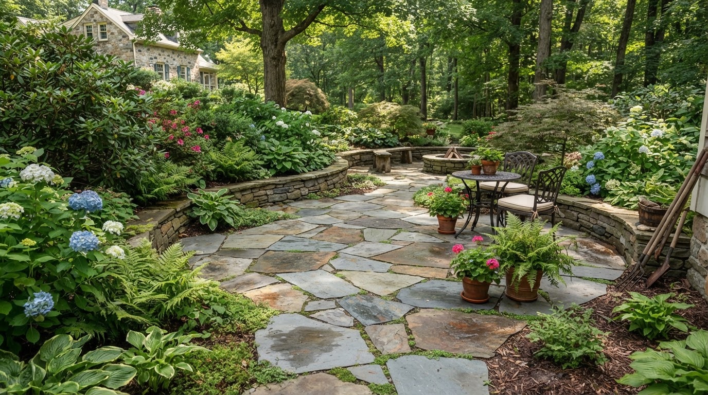 Natural flagstone patio surrounded by landscaping near Scranton, PA