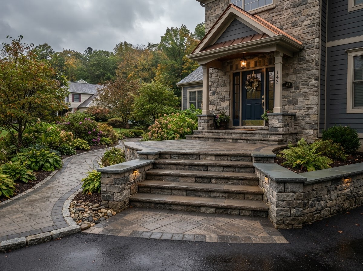Paver steps and front entry hardscape in Scranton PA coordinated with the surrounding walkway