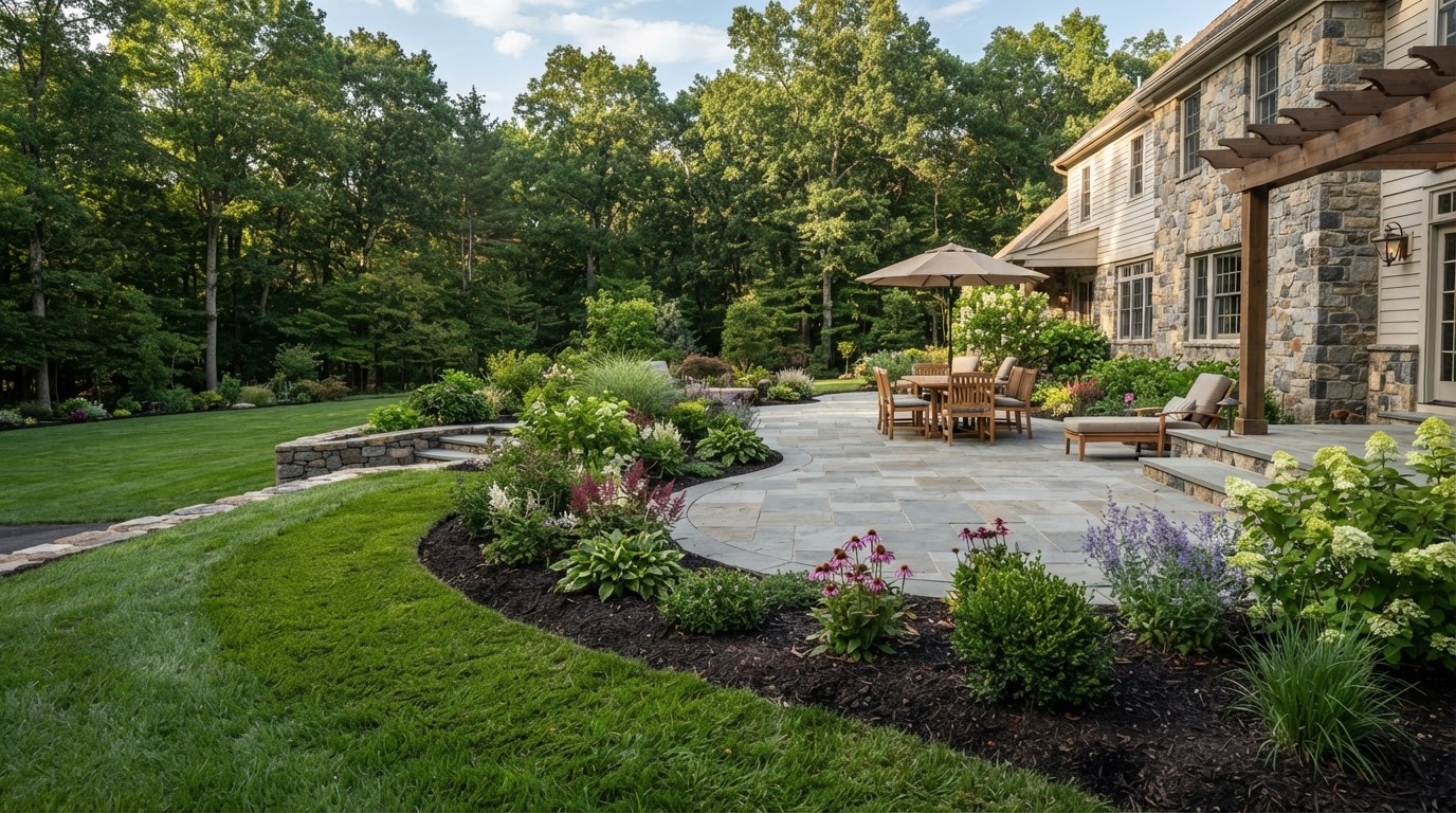 Residential landscape installation surrounding a hardscape patio near Scranton, PA