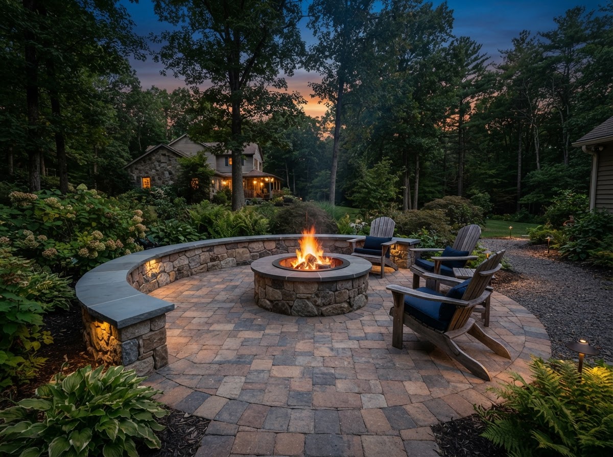 Outdoor stone fire pit and paver patio near Scranton PA designed as a dedicated gathering space