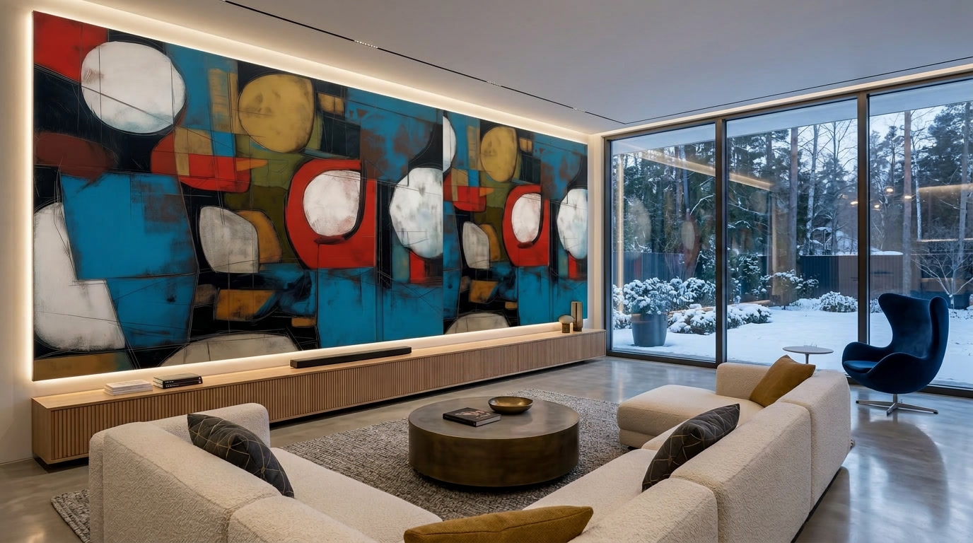 Obra mural abstracta geométrica en tonos azul, ocre y rojo en salón contemporáneo