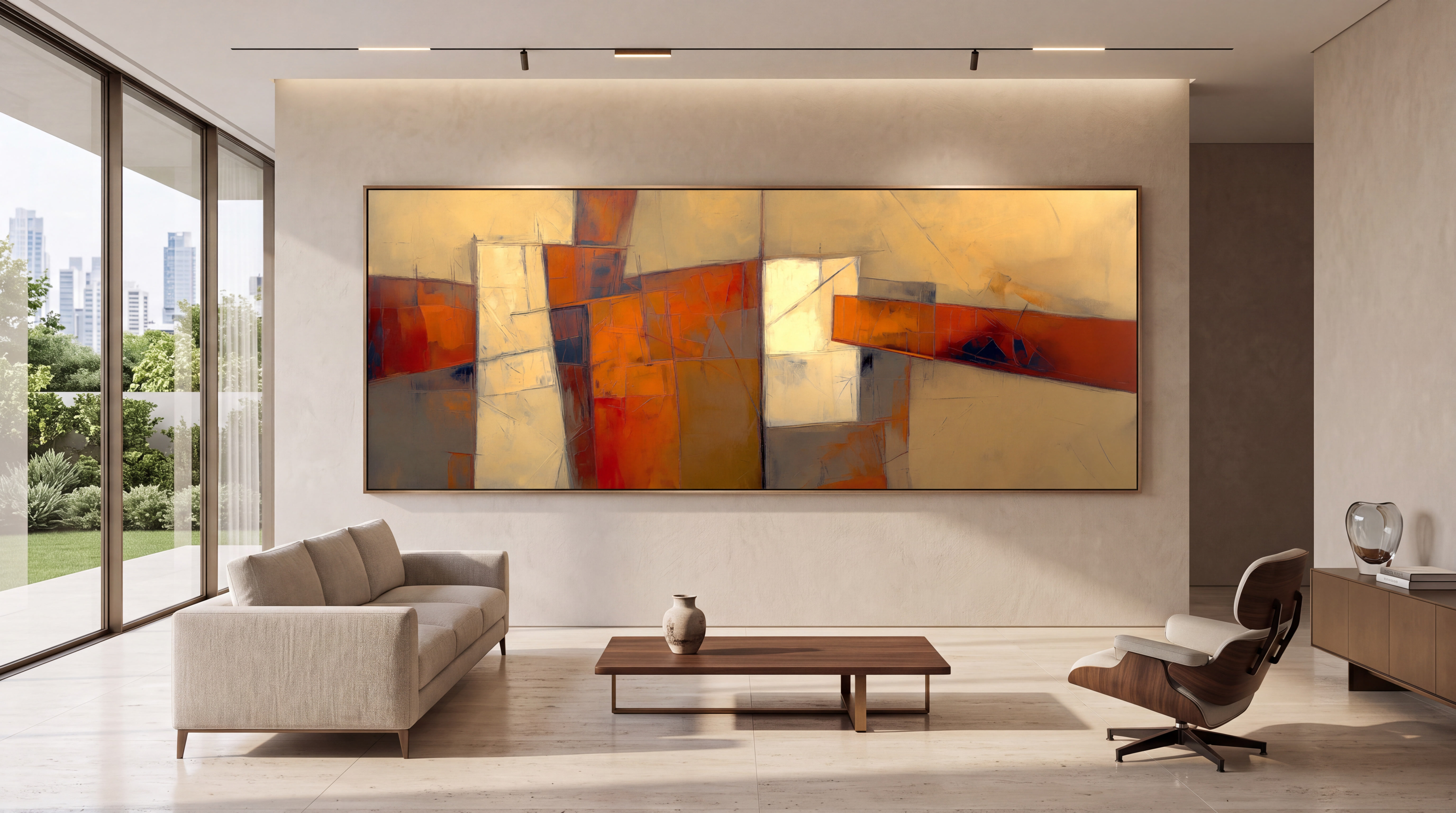 Obra monumental geométrica en tonos cálidos, ocre y rojo en salón contemporáneo con terraza