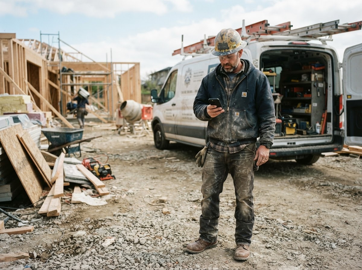 Contractor on a job site checking his phone while work continues around him