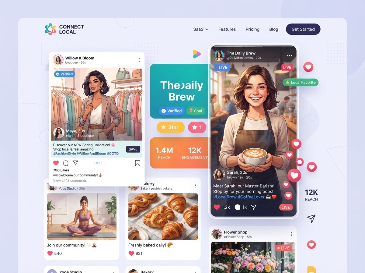 Collage of social media stories and posts managed by Hometown Reach