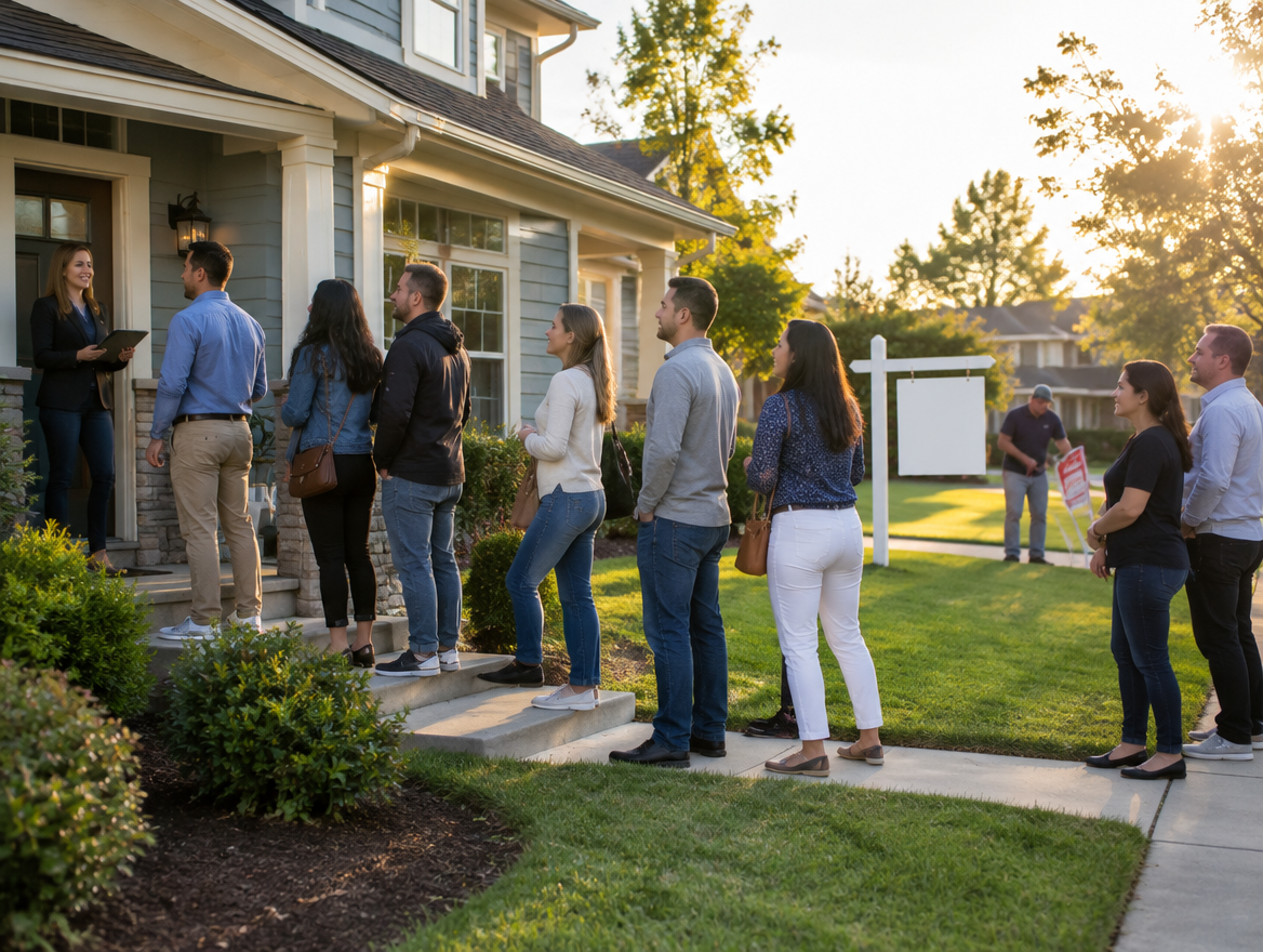 Crowd of buyers attending home listing launch