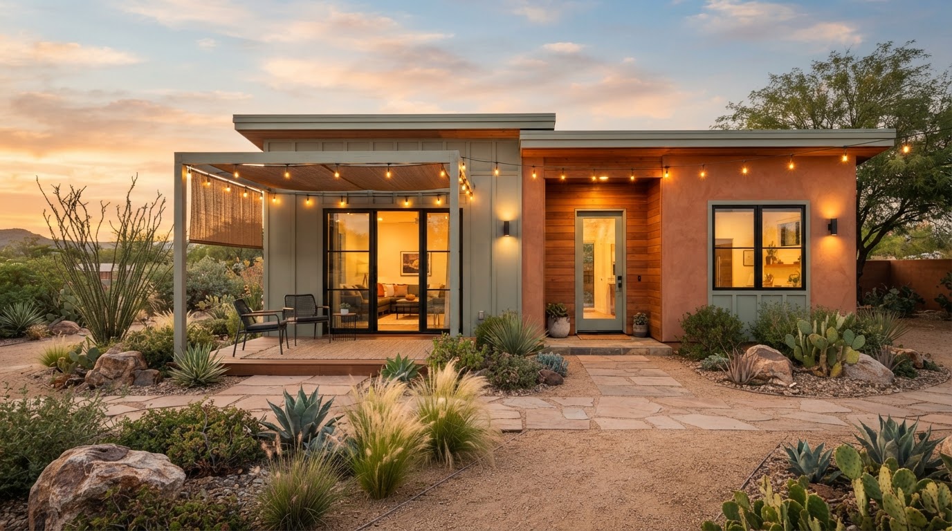 Custom backyard casita ADU built by Tiny Kaza Homes at golden hour