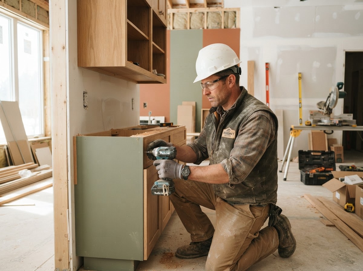Tiny Kaza Homes craftsman installing custom cabinetry