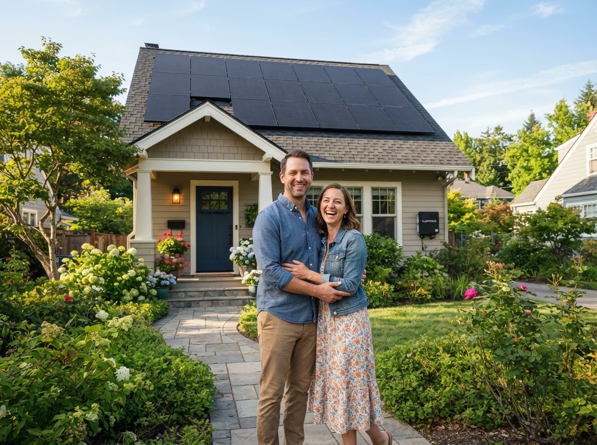Happy homeowners in front of their house with sleek all-black solar panels