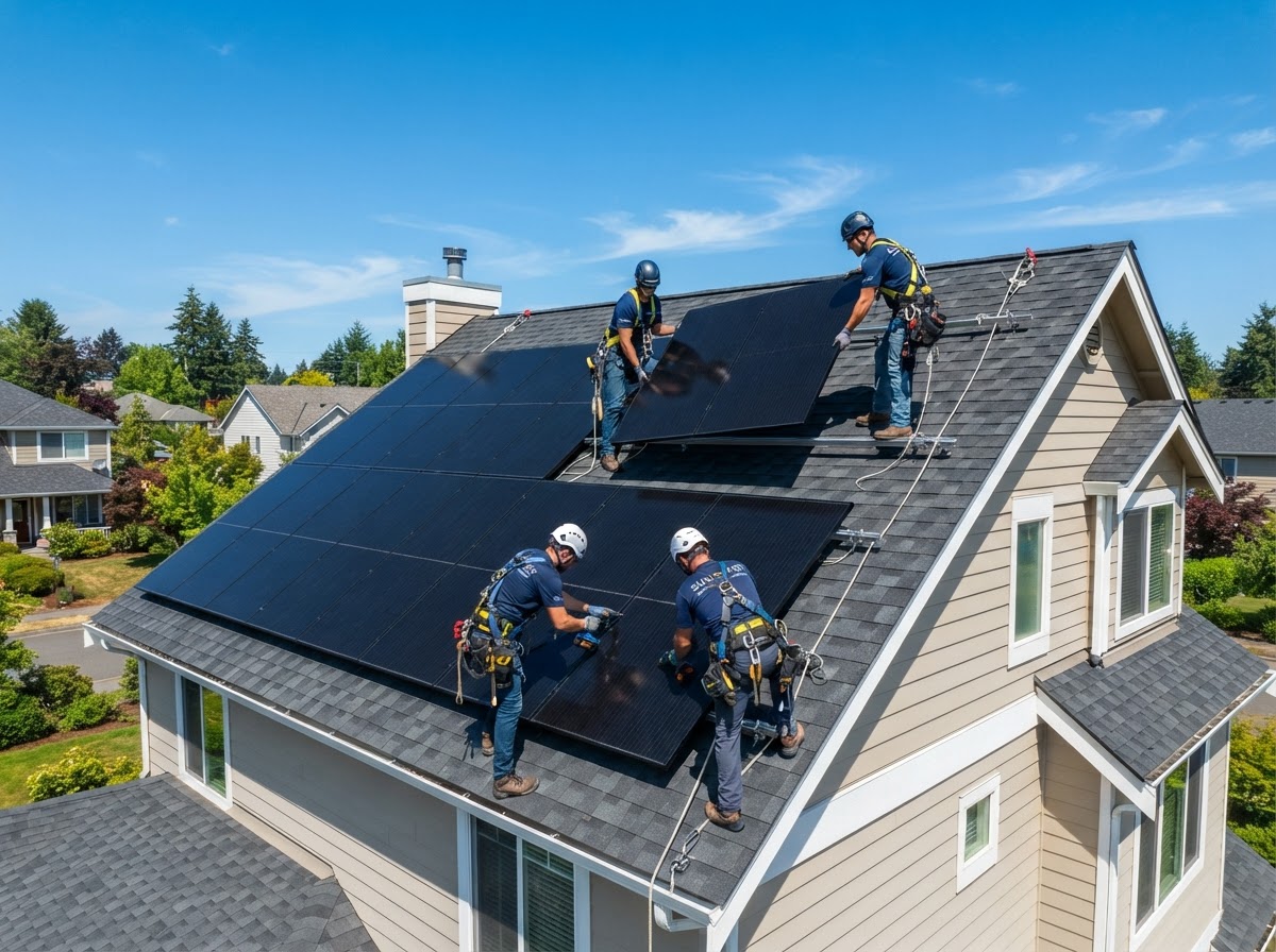 Ethan Guymon LLC D.B.A Ethan The Solar Guy crew installing sleek all-black solar panels on a residential roof