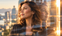 Woman gazing through window overlooking the city skyline at sunset, reflecting on recovery and emotional well-being