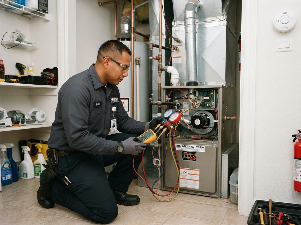 Fresh Air technician inspecting a residential gas furnace and heating system
