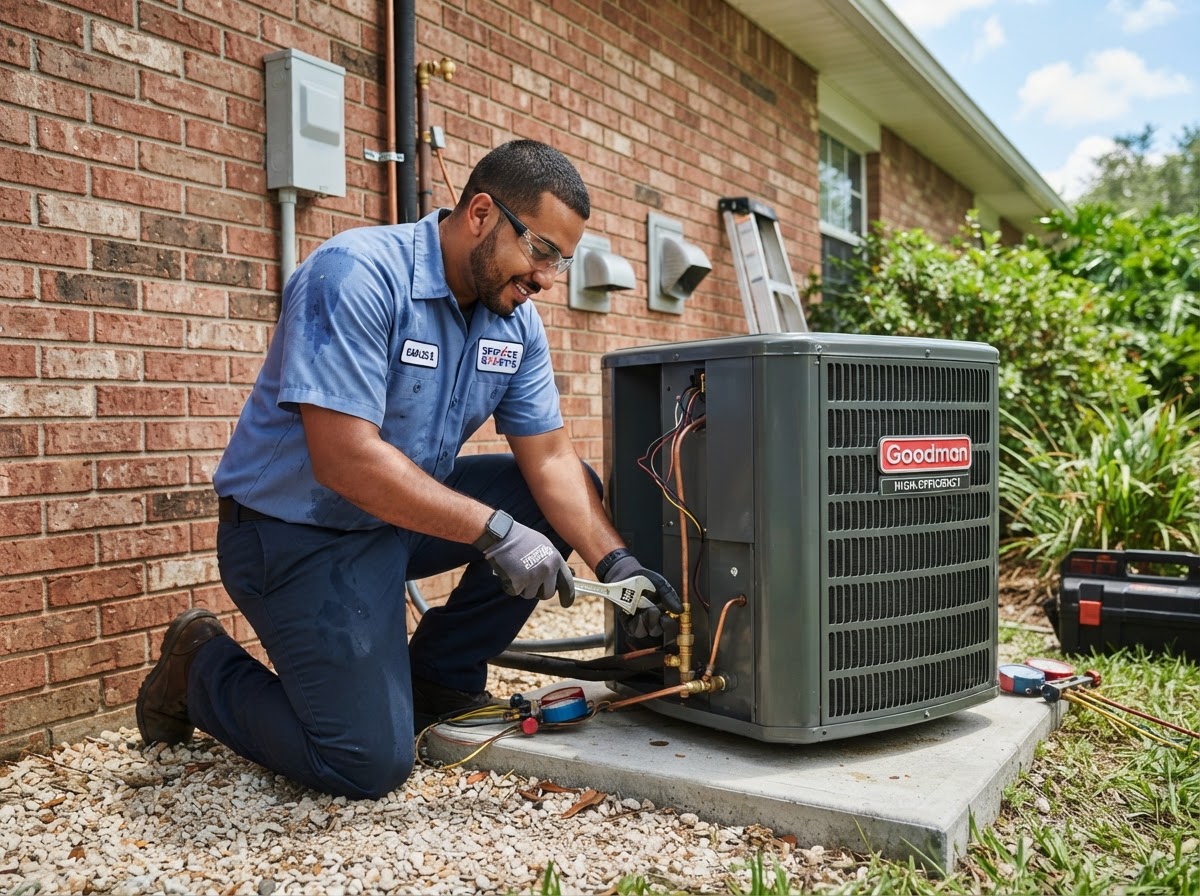 Fresh Air technician installing a new high-efficiency AC condenser unit outside a Texas home