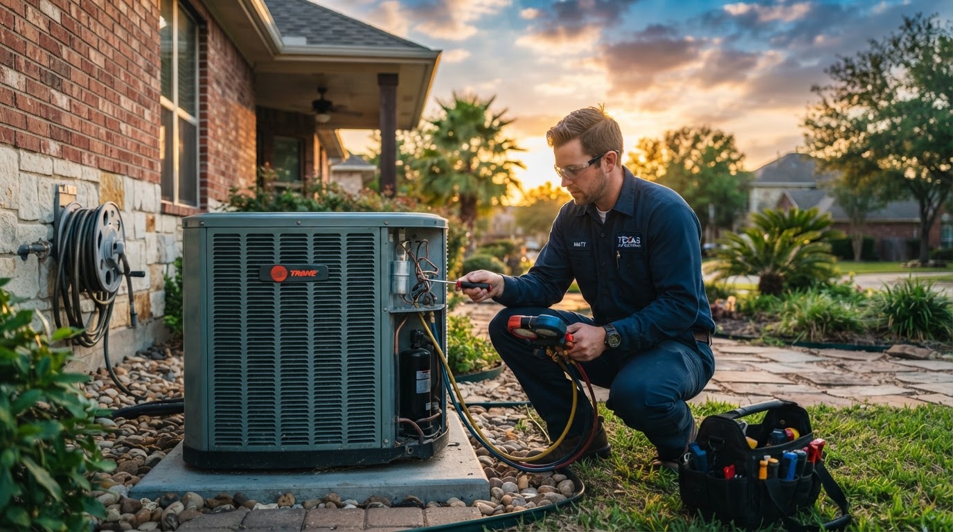 Fresh Air HVAC technician servicing an outdoor air conditioning condenser unit at a Texas home