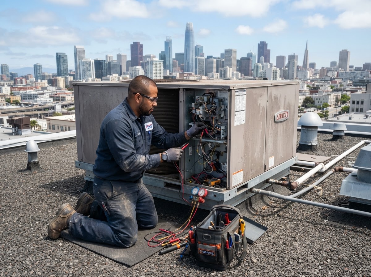 Fresh Air technician servicing a commercial rooftop HVAC package unit