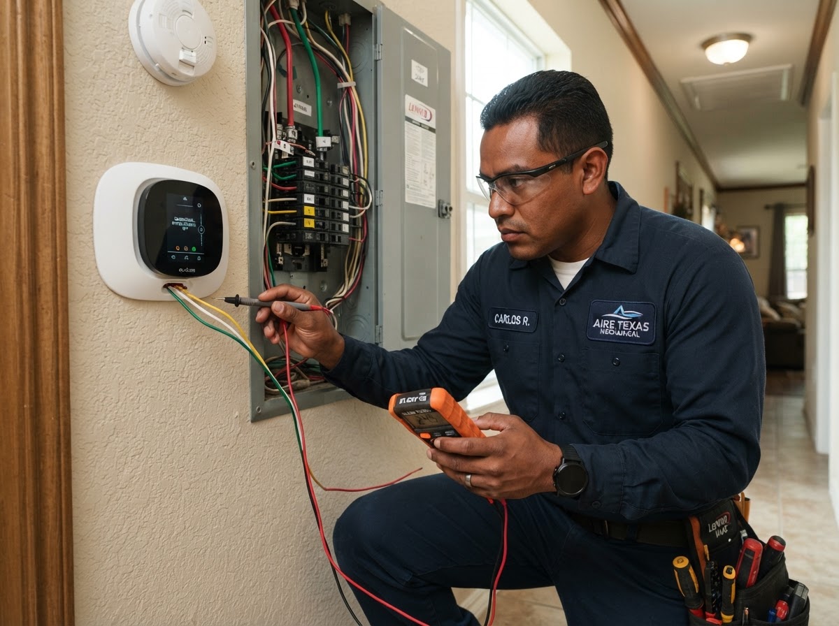Fresh Air technician performing a precision diagnostic check on a smart thermostat