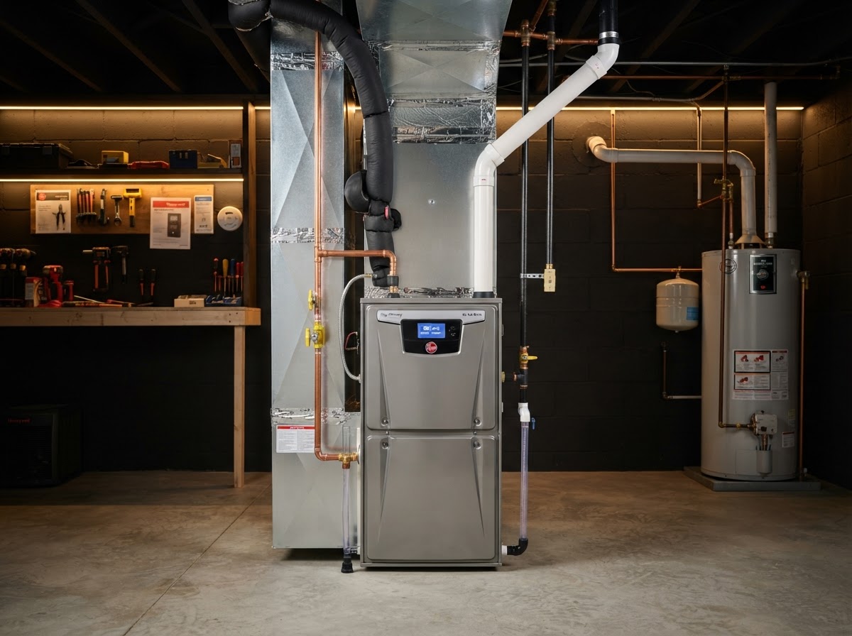 High-efficiency gas furnace installed in a clean residential basement