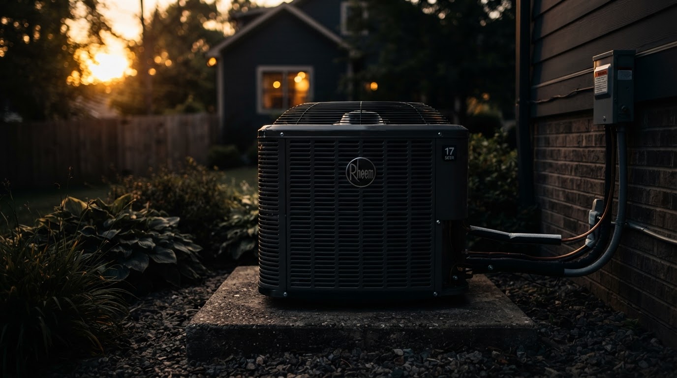 High-efficiency residential air conditioning condenser unit at golden hour