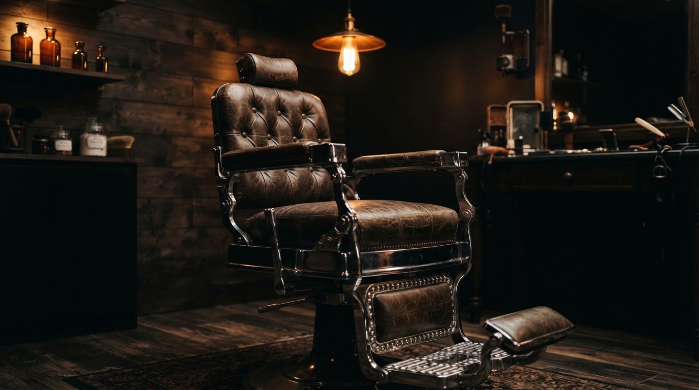 Vintage leather barber chair inside the Crown & Blade shop