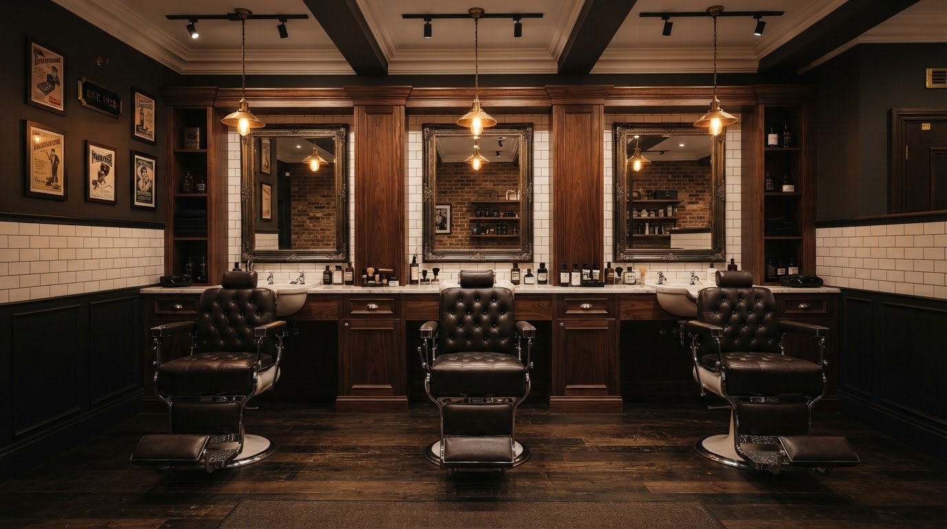 Interior of the Crown & Blade barbershop with walnut cabinetry and leather chairs