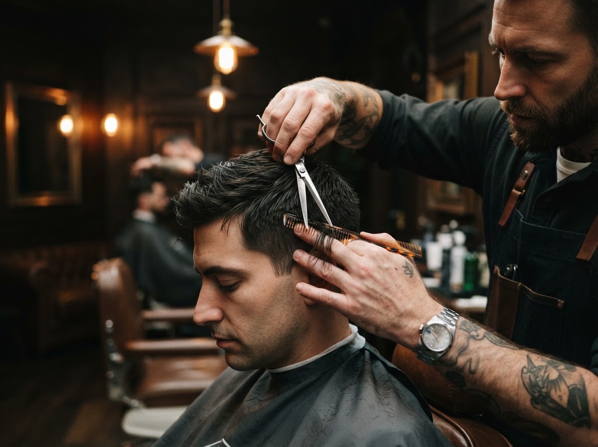 Barber at work on a precise haircut